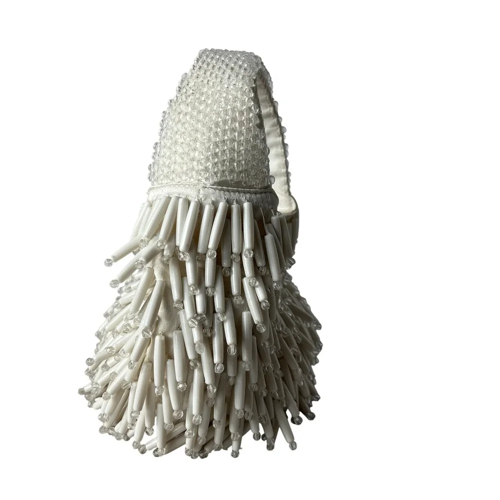 Beaded Fringe Handbag Ivory Mini Top Handle Evening Statement Bag - Picture 2 of 6